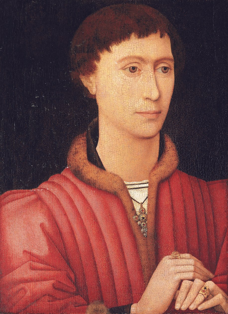 Ritratto di un giovane uomo, busto, in un doppietto rosso bordato di pelliccia, c.1450-60 da Rogier van der (circle of) Weyden