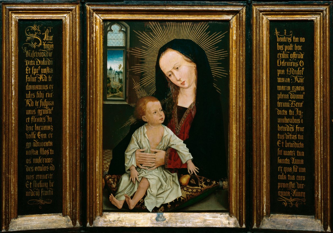 Salve Regina (Salve, O Regina, preghiera cattolica), rappresentazione della Vergine e del Bambino con una pera da Rogier van der Weyden