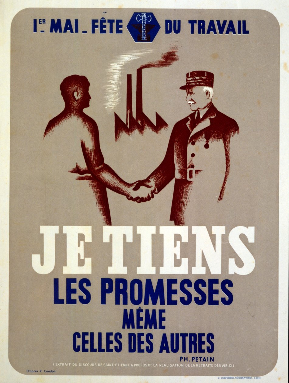Manifesto di propaganda del maresciallo Petain, leader della Francia di Vichy, per la festa dei lavoratori del Primo Maggio nella Francia della guerra (manifesto) da Roland Coudon
