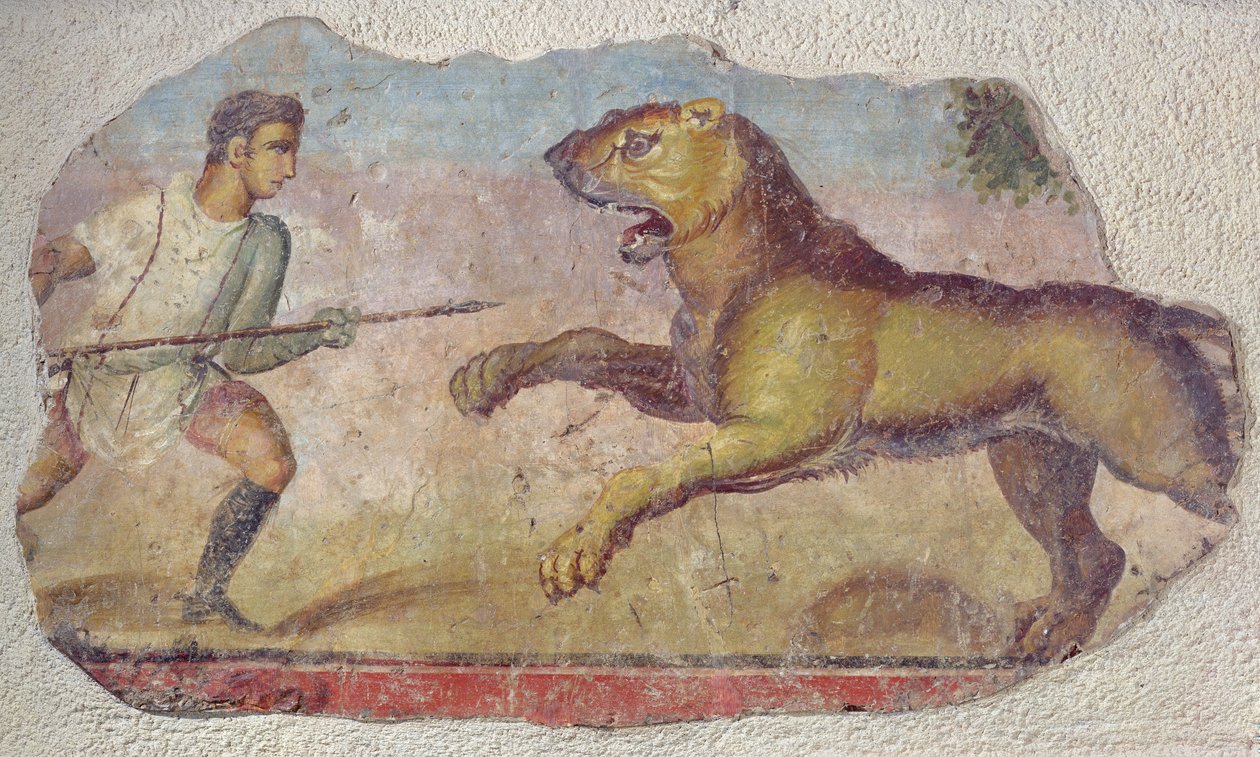 Un gladiatore che combatte un leone, dall