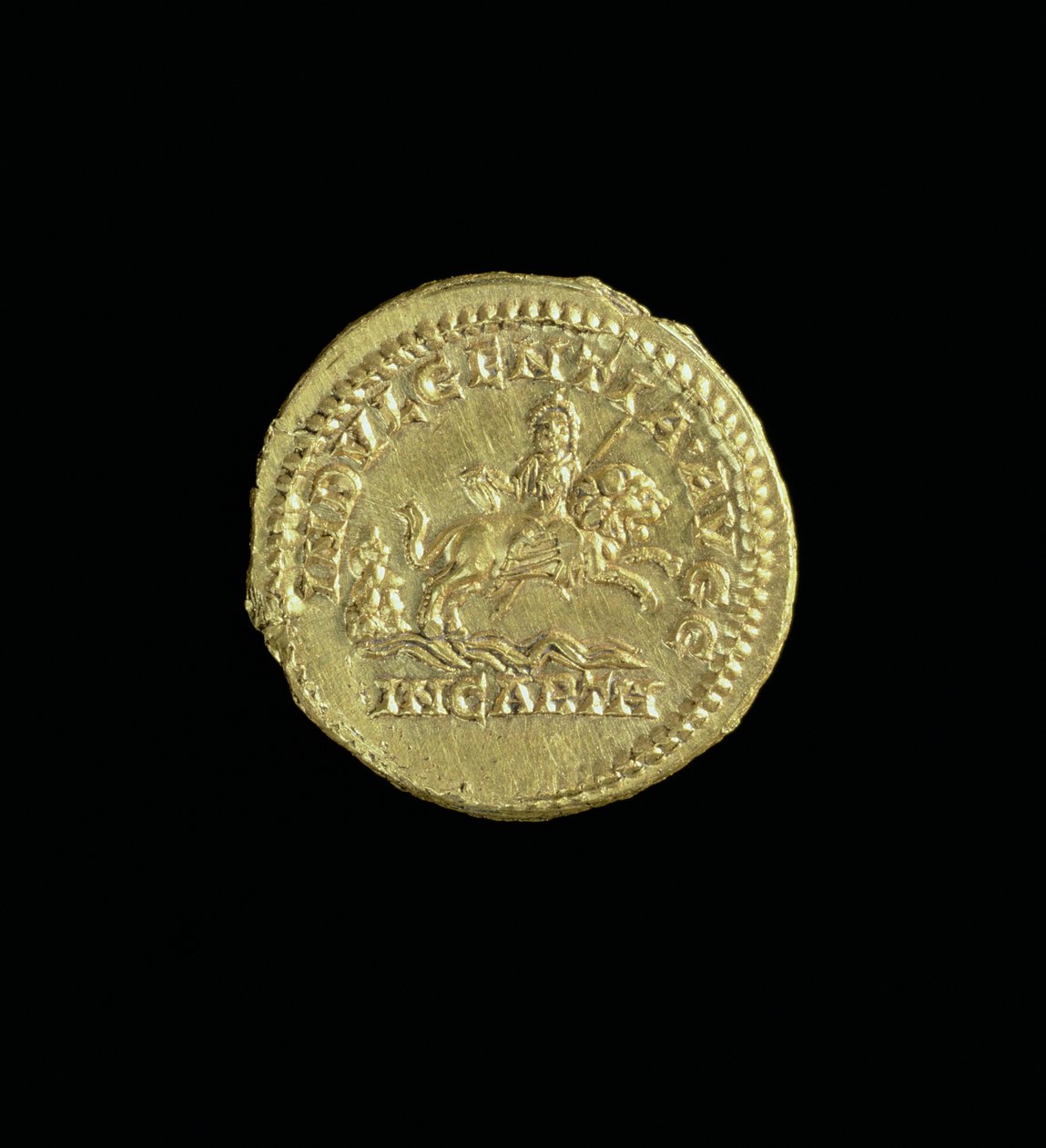 Aureo (rovescio) di Caracalla (196-217 d.C.) raffigurante la dea Caelestis che cavalca un leone. Iscrizione: INDVULGENTIA AVGG IN CARTH da Roman