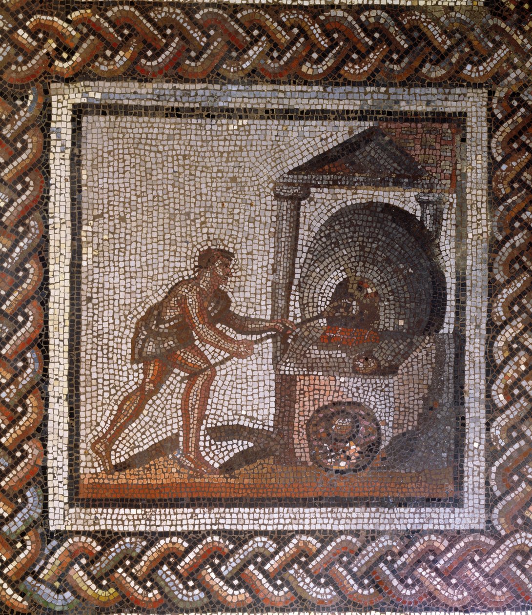 Fornaio e forno per il pane, originariamente da Saint-Romain-en-Gal, Rodano-Alpi, Francia, III secolo d.C. (mosaico) da Roman