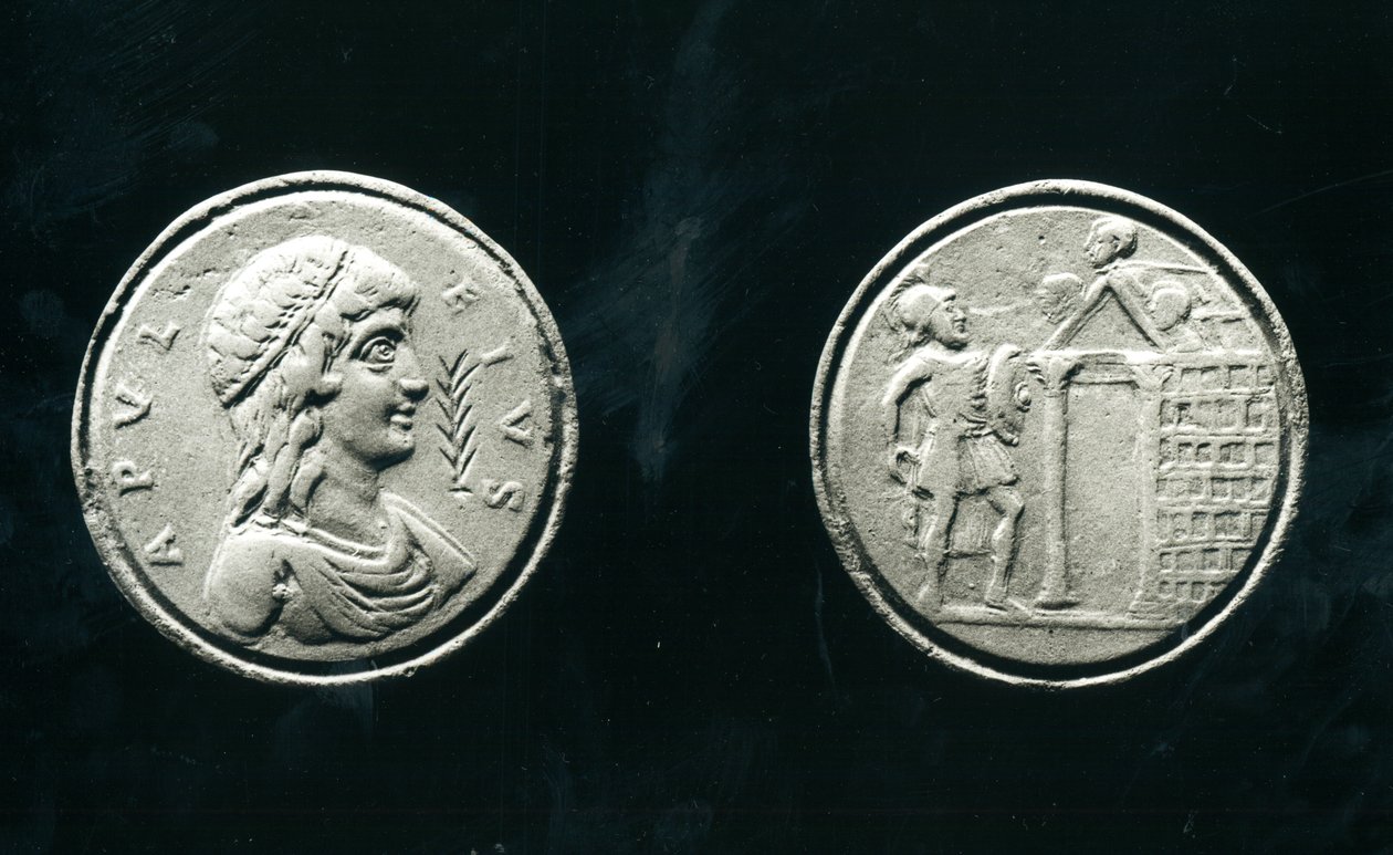 Contorniato rappresentante Apuleio e rovescio raffigurante un soldato davanti a un tempio, IV-V secolo da Roman