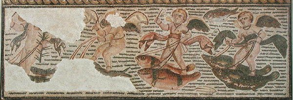 Cupidi che cavalcano pesci, frammento di pavimento da Sousse (Hadrumetum) Tunisia da Roman