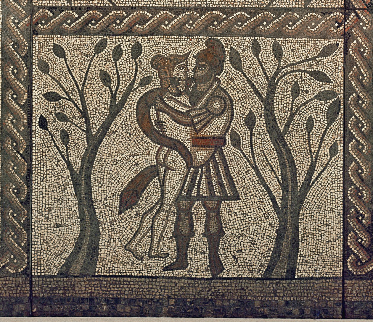 Didone e Enea che si abbracciano, dal pavimento a mosaico nella villa romana di Low Ham, c.350 d.C. (dettaglio) da Roman