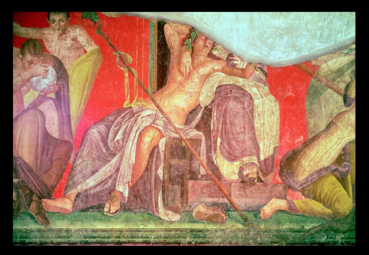 Entourage dionisiaco con Dioniso reclinato nel grembo di una donna (possibilmente Arianna, Afrodite o Semele), parete est, Oecus 5, 60-50 a.C. da Roman
