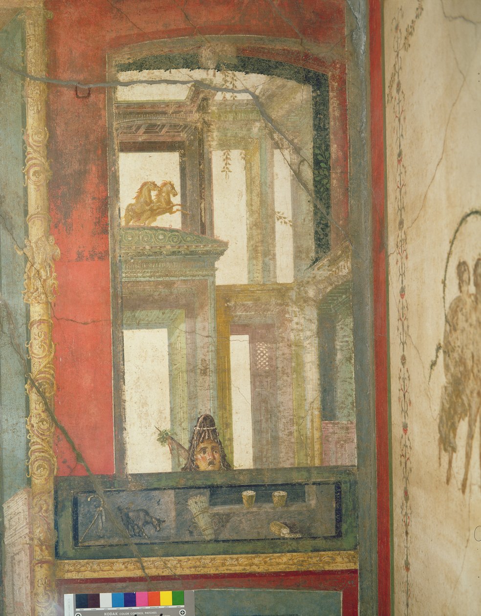 Architettura fantastica con due cavalli e una maschera teatrale, dalla Casa dei Vettii c.50-79 d.C. da Roman