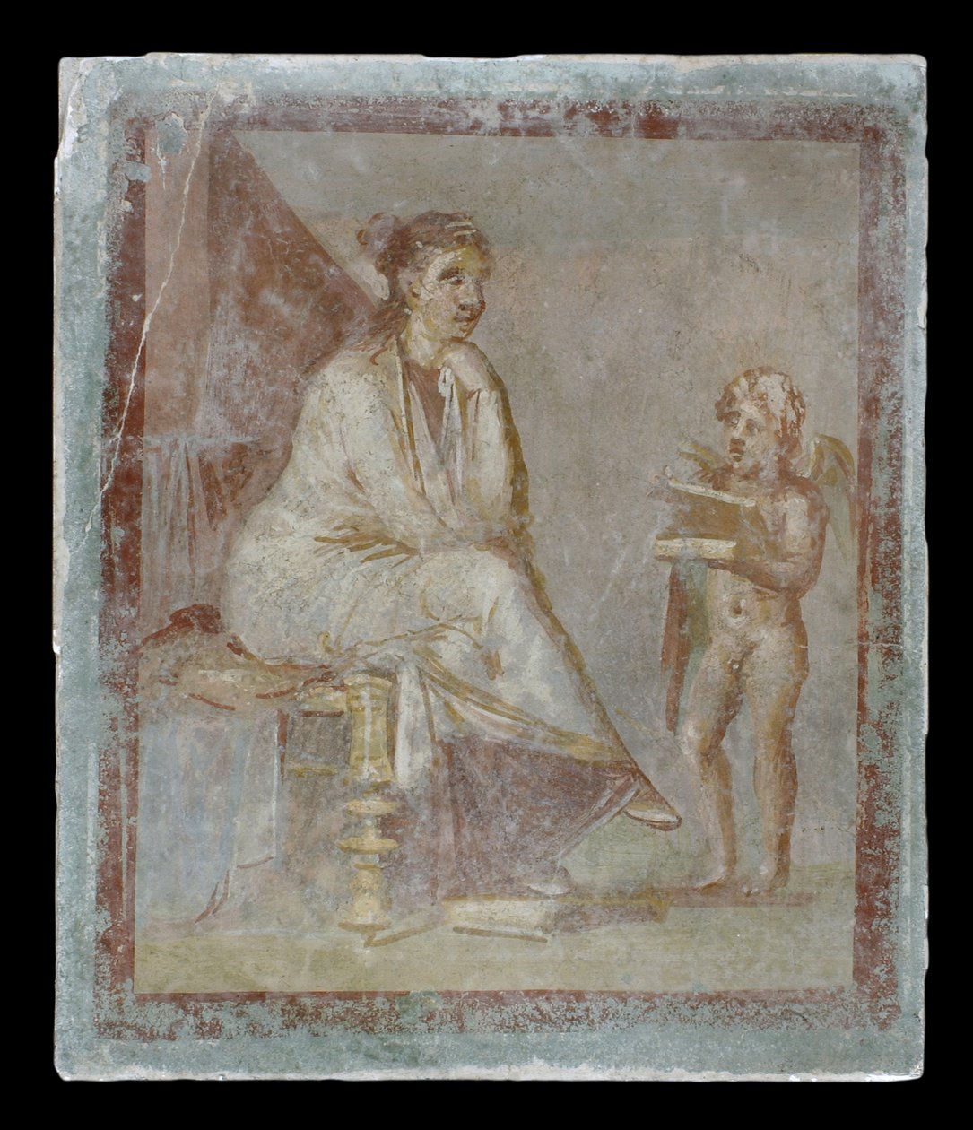 Vignetta incorniciata dipinta a fresco su una parete verde: Cupido rivela il contenuto di una scatola dorata a una donna seduta, 65-75 d.C. da Roman