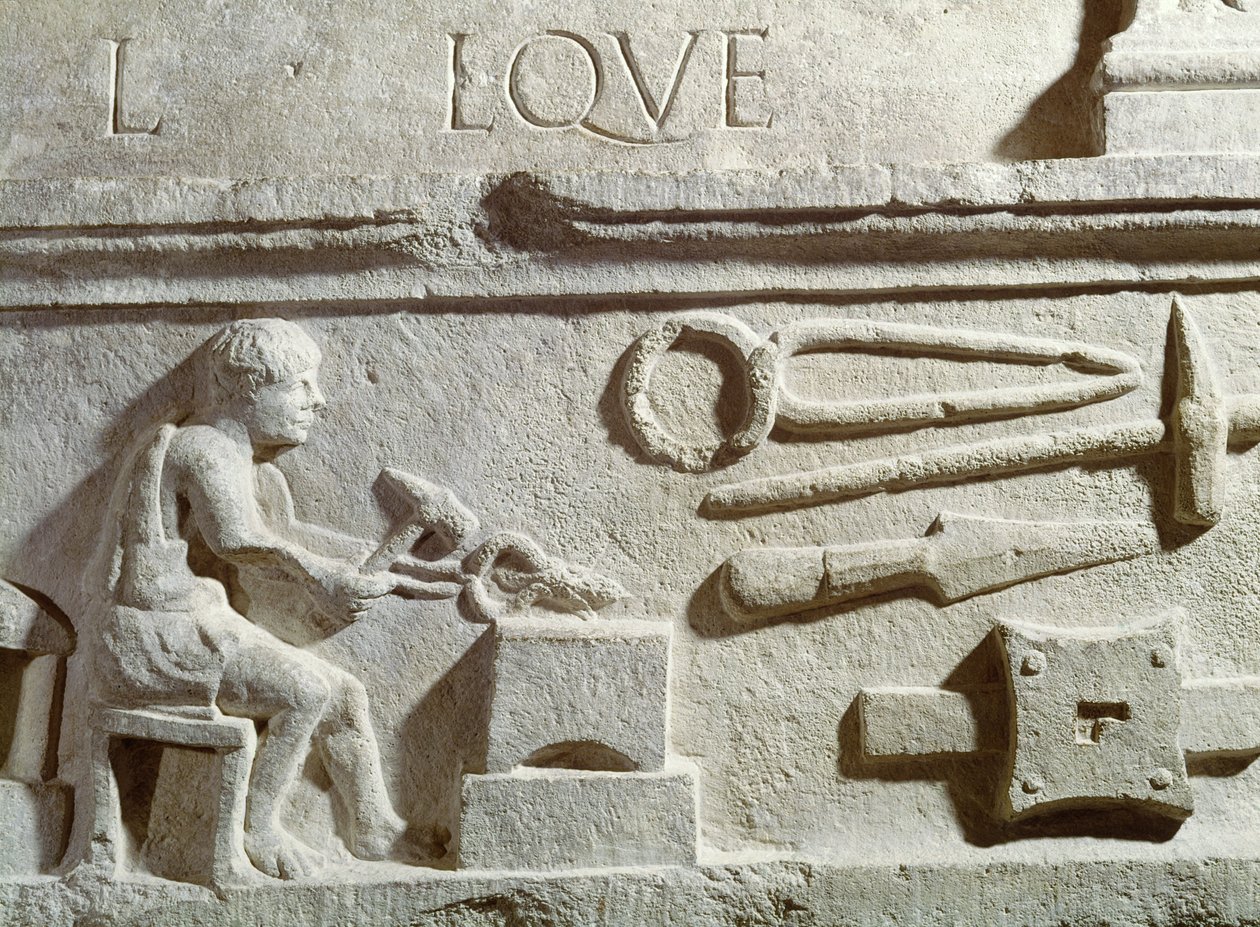 Rilievo che raffigura una bottega di fabbro e strumenti da Roman