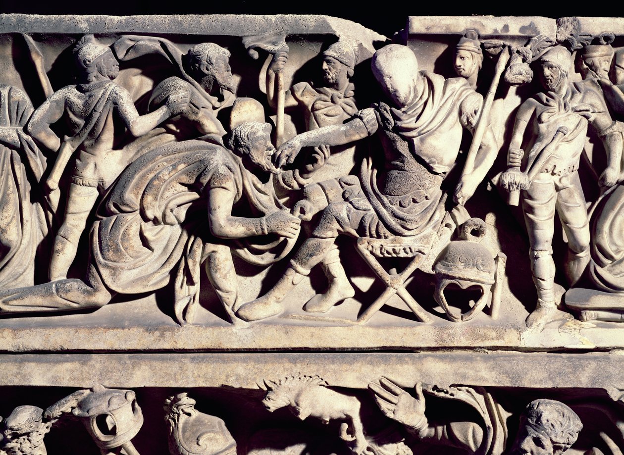 Rilievo da un sarcofago che raffigura la sottomissione di un barbaro a un generale romano da Roman