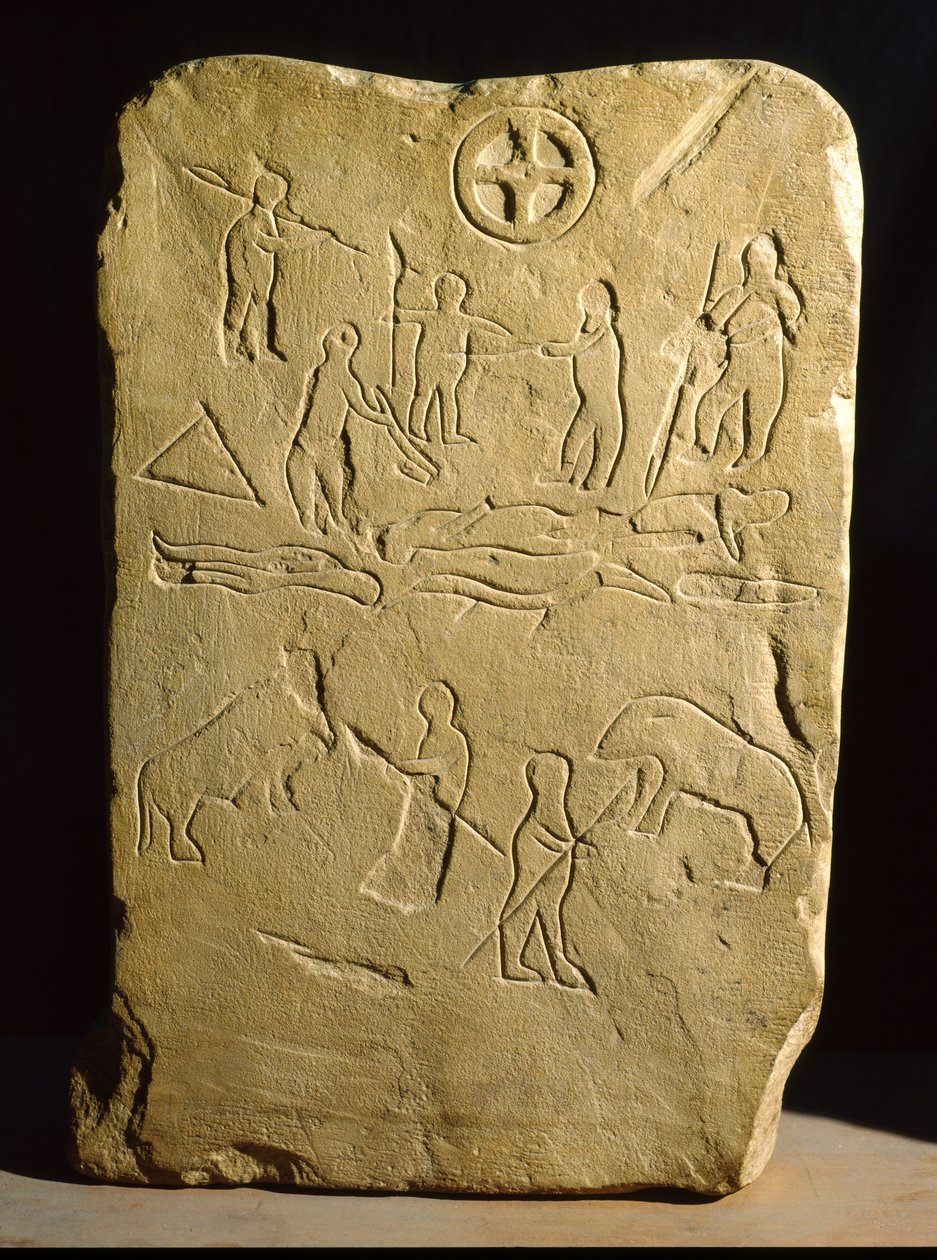 Stele con scene di combattimento e caccia, da Novario da Roman