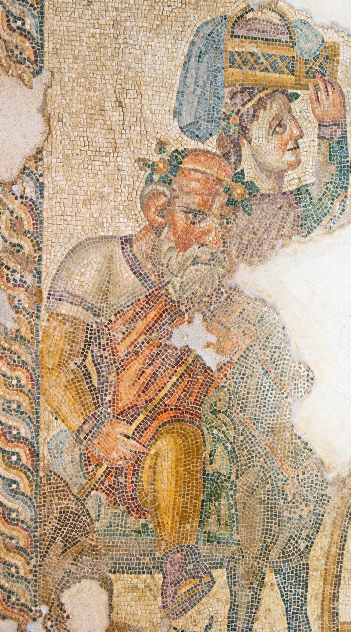 Il Trionfale Corteo di Dioniso, (dettaglio) di Sileno che cavalca il suo asino, Casa di Aion, Paphos, Cipro da Roman