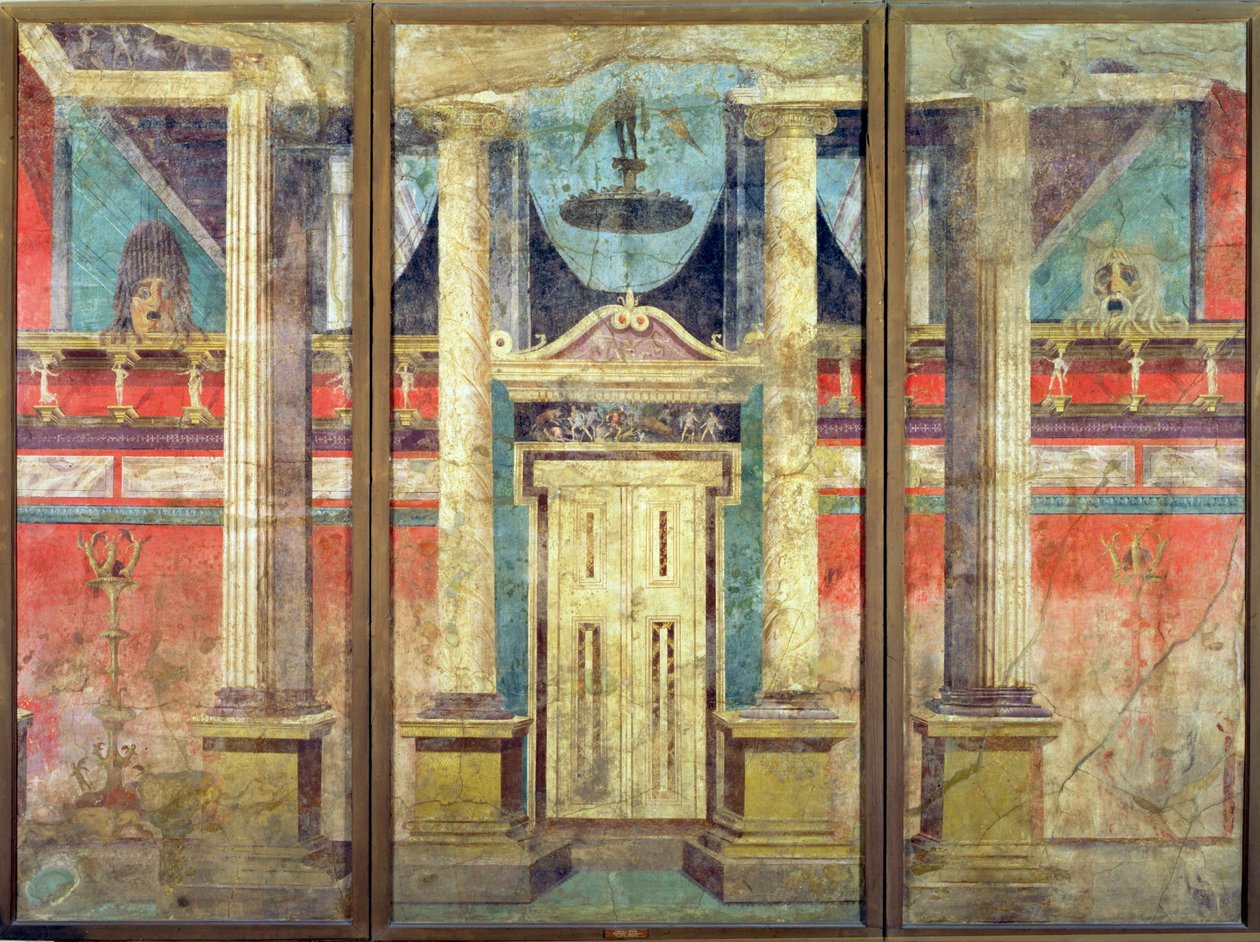 Decorazione murale dalla villa di P. Fannius a Boscoreale, vicino a Pompei, derivata da un set teatrale greco di forse il secolo precedente, c.40-30 a.C. da Roman