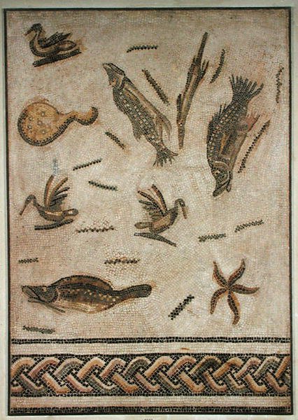 Anatre e fauna marina, frammento di pavimento da Utica, Tunisia, III-IV secolo (mosaico) da Roman Roman