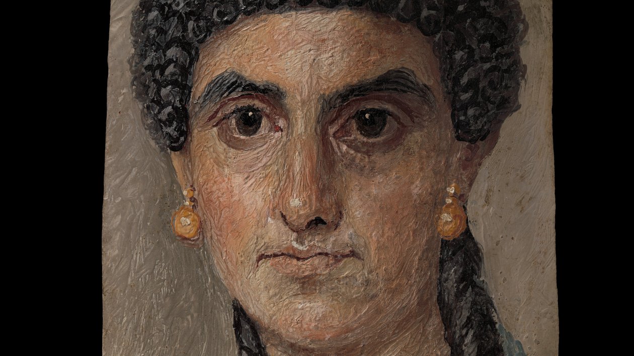 Pittura su tavola di una donna con mantello blu, 54-68 d.C. (encausto su legno) da Roman Roman