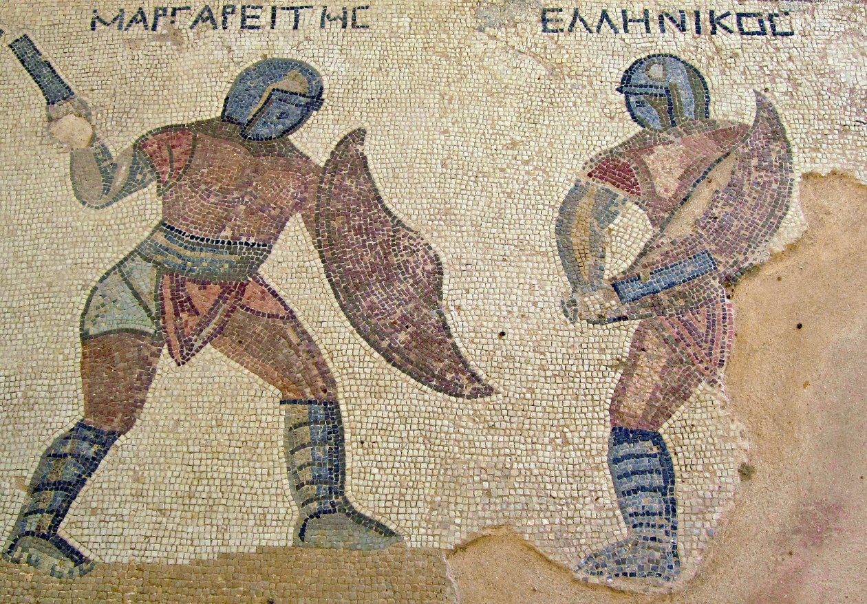 Una lotta tra due gladiatori, Casa dei Gladiatori, Kourion, Cipro (mosaico) da Roman