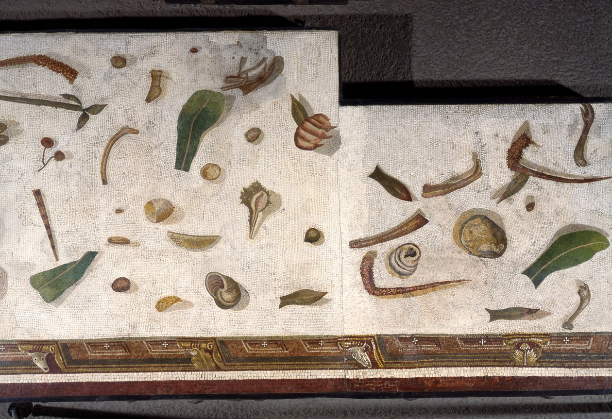 “Asarotos” (Pavimento non spazzato) Frammenti di mosaico firmati da Harakliton da Roma, II secolo d.C., Roma da Roman
