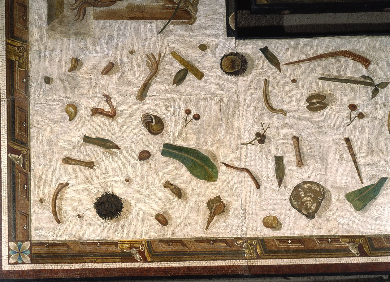 "Asarotos" (Pavimento non spazzato) Frammenti di mosaico firmati da Harakliton da Roma, II secolo d.C., Roma da Roman