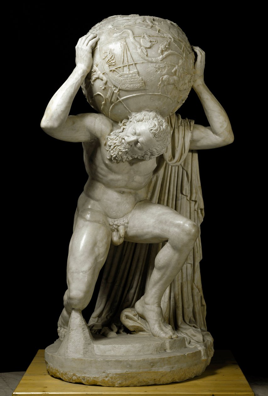Atlante Farnese che porta il globo celeste simboleggiante la conoscenza astronomica del periodo. Scultura romana in marmo dopo un originale greco. II secolo. Museo Archeologico Nazionale, Napoli da Roman
