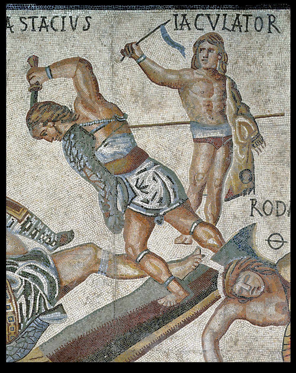 Battaglia tra gladiatori, dettaglio di un gladiatore che combatte e un gladiatore vittorioso, 320 d.C. da Roman