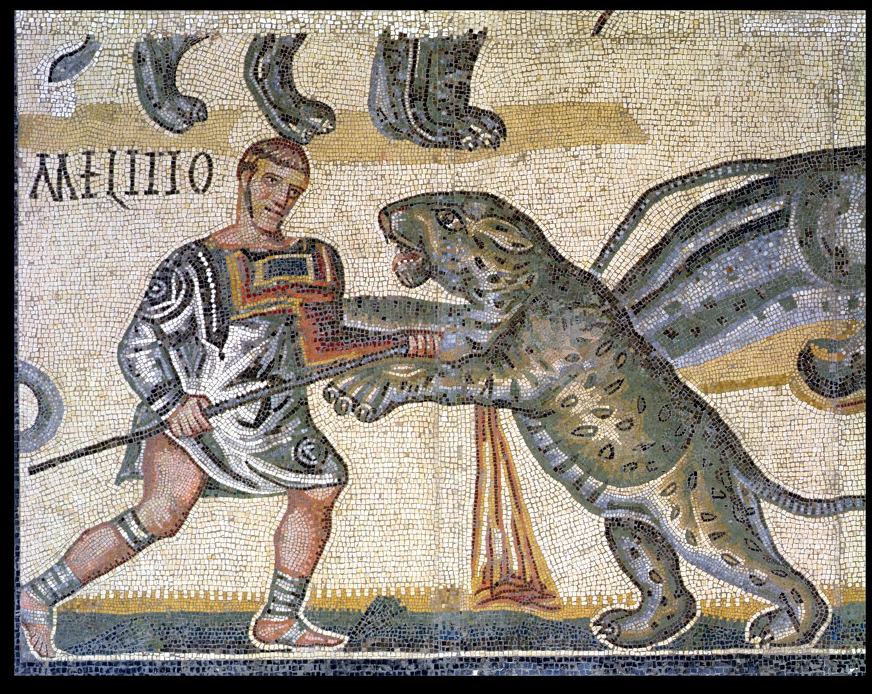 Battaglia di gladiatori contro i felini, dettaglio che raffigura un gladiatore che trafigge un felino da Roman