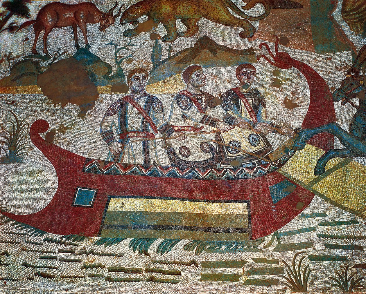 Dettaglio del mosaico della Grande Caccia, Villa Romana del Casale, Piazza Armerina, Sicilia, Italia, IV secolo da Roman