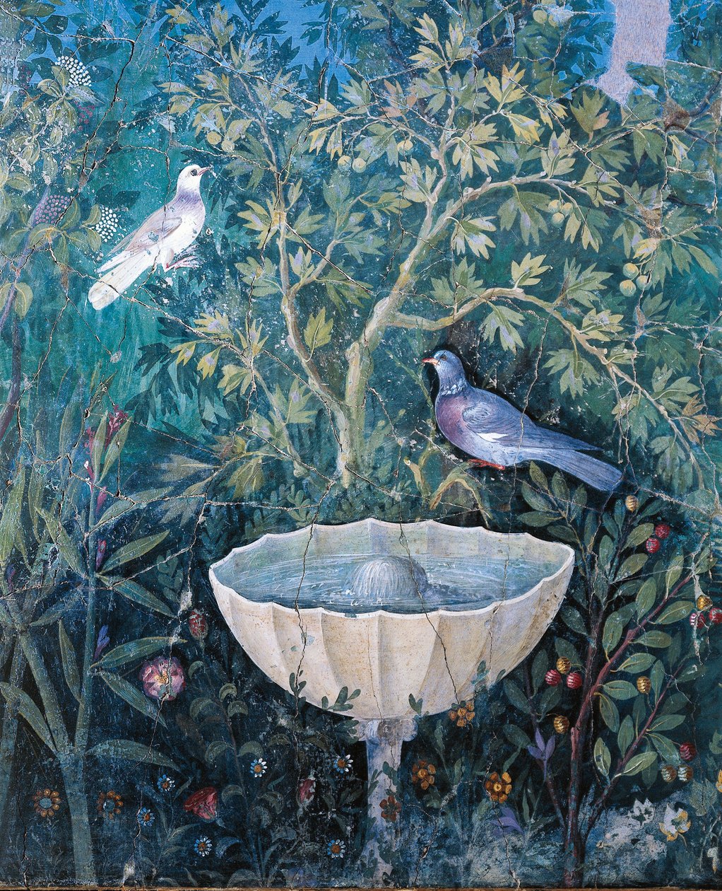 Dettaglio di fontana e uccelli da un dipinto di giardino, Casa del Bracciale d