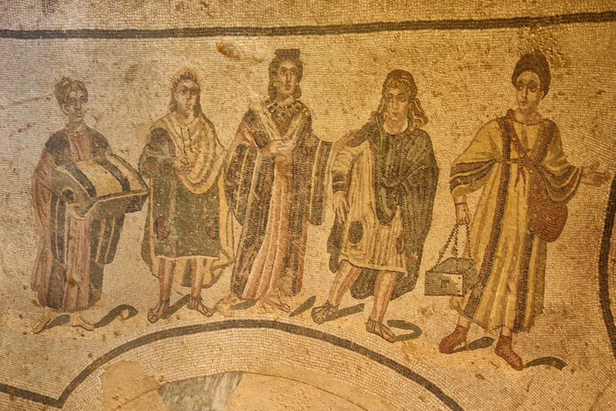 Ingresso alle terme, mosaico pavimentale, Villa Romana del Casale, Piazza Armerina, Sicilia, Italia da Roman