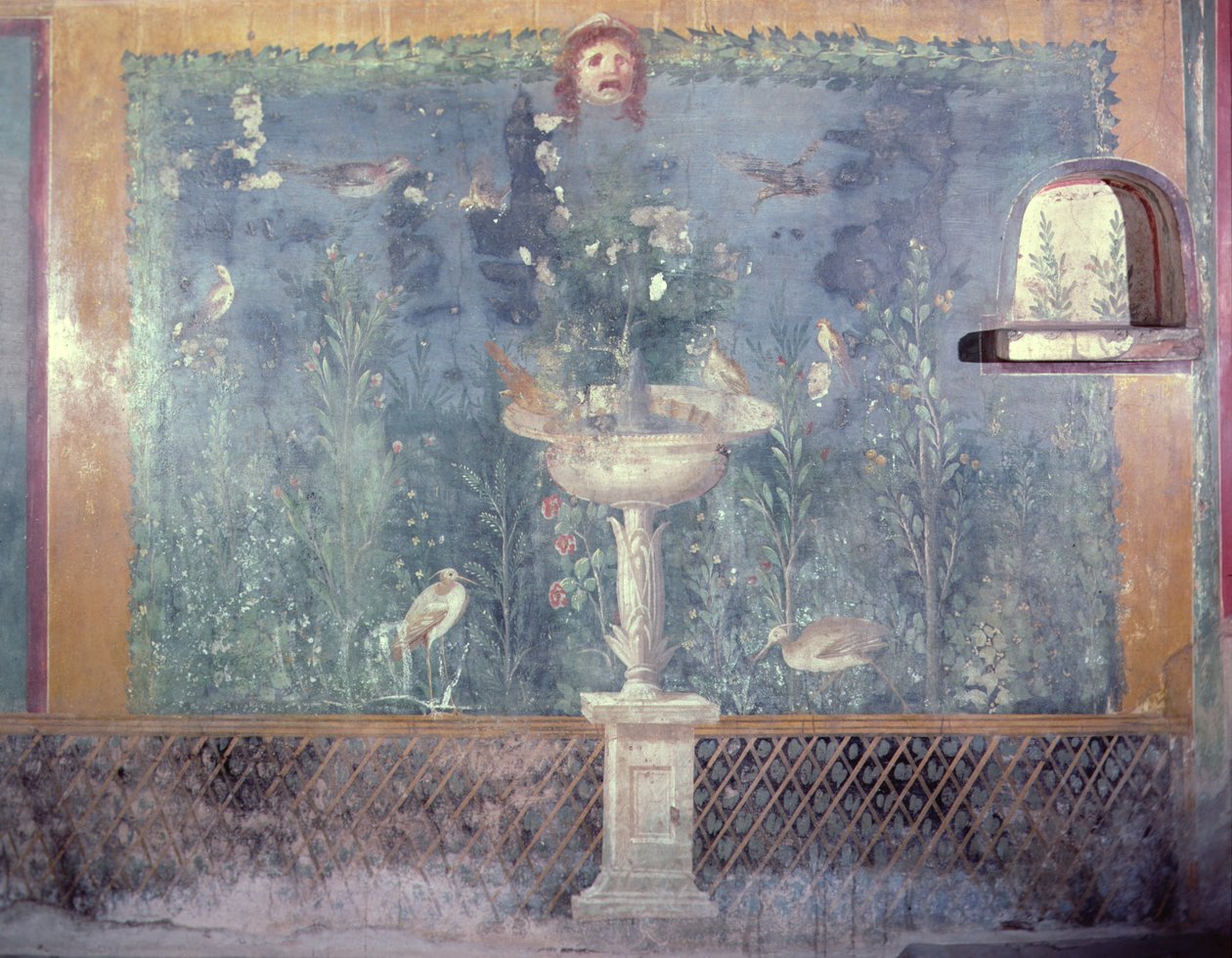 Fontana, maschera e uccelli, Casa di Venere nella conchiglia, Pompei, Italia (affresco) da Roman