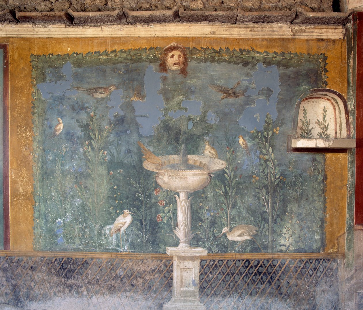 Affresco con fontana, maschera e uccelli, Casa di Venere nella Conchiglia, Pompei (Lista del Patrimonio Mondiale dell