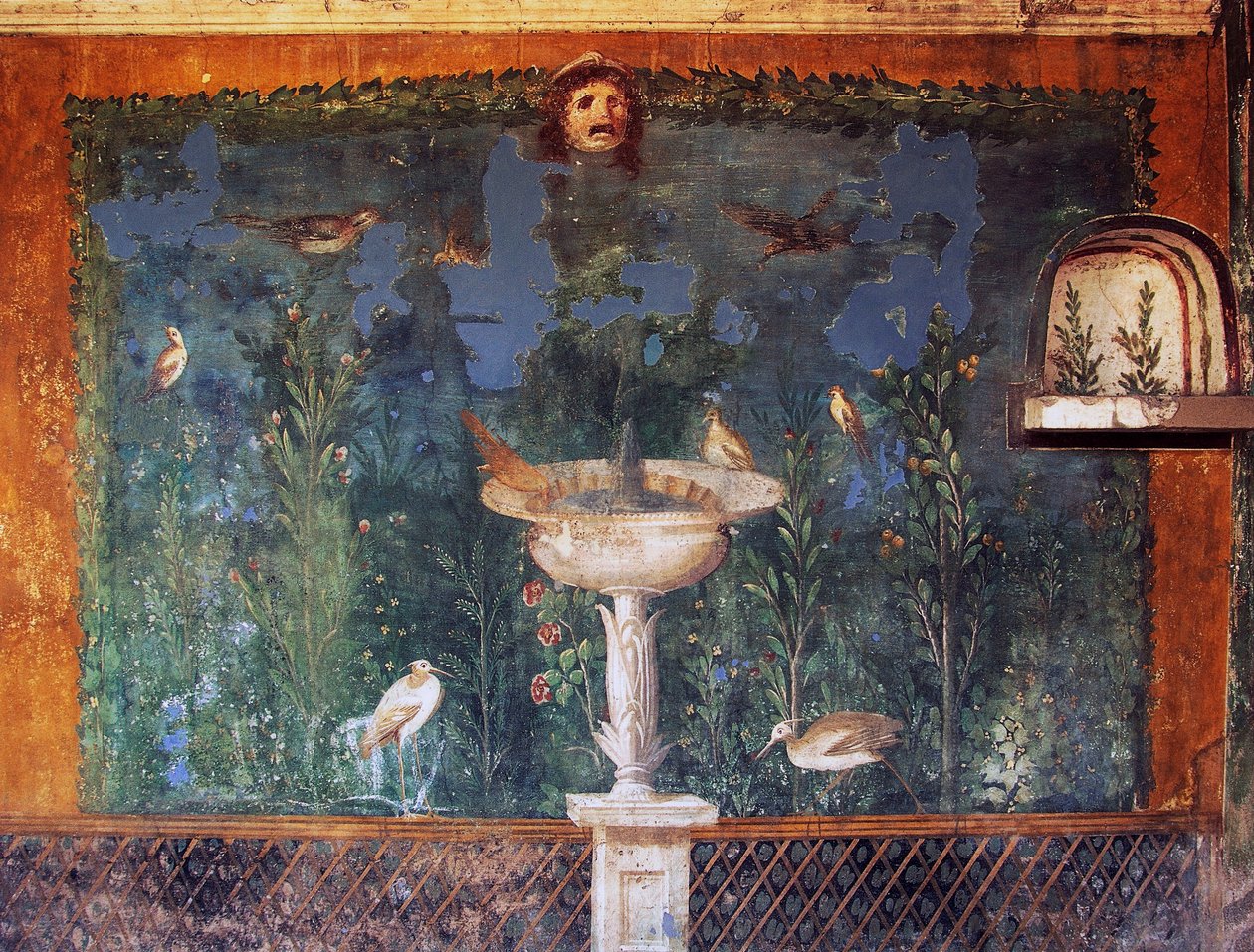 Affresco con fontana, maschera e uccelli, Casa di Venere nella conchiglia, Pompei, Campania, Italia, civiltà romana da Roman