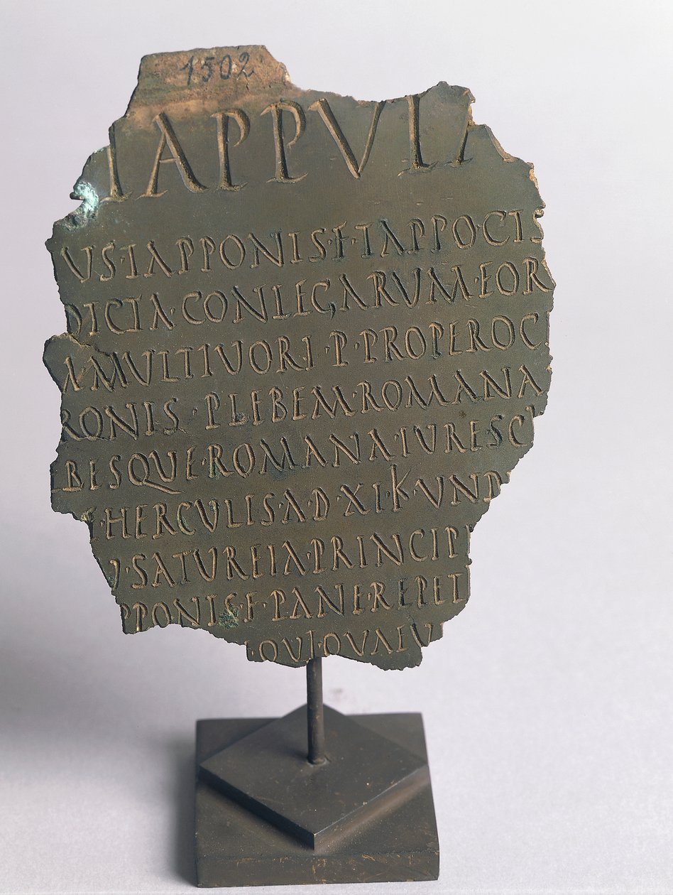 Lex Tappula, frammento di legge satirica redatta da un circolo conviviale di Vercelli, parodia scritta nella stessa forma delle leggi plebiscitarie romane, parte delle leges conviviales tramandate da Festo, bronzo, civiltà romana da Roman