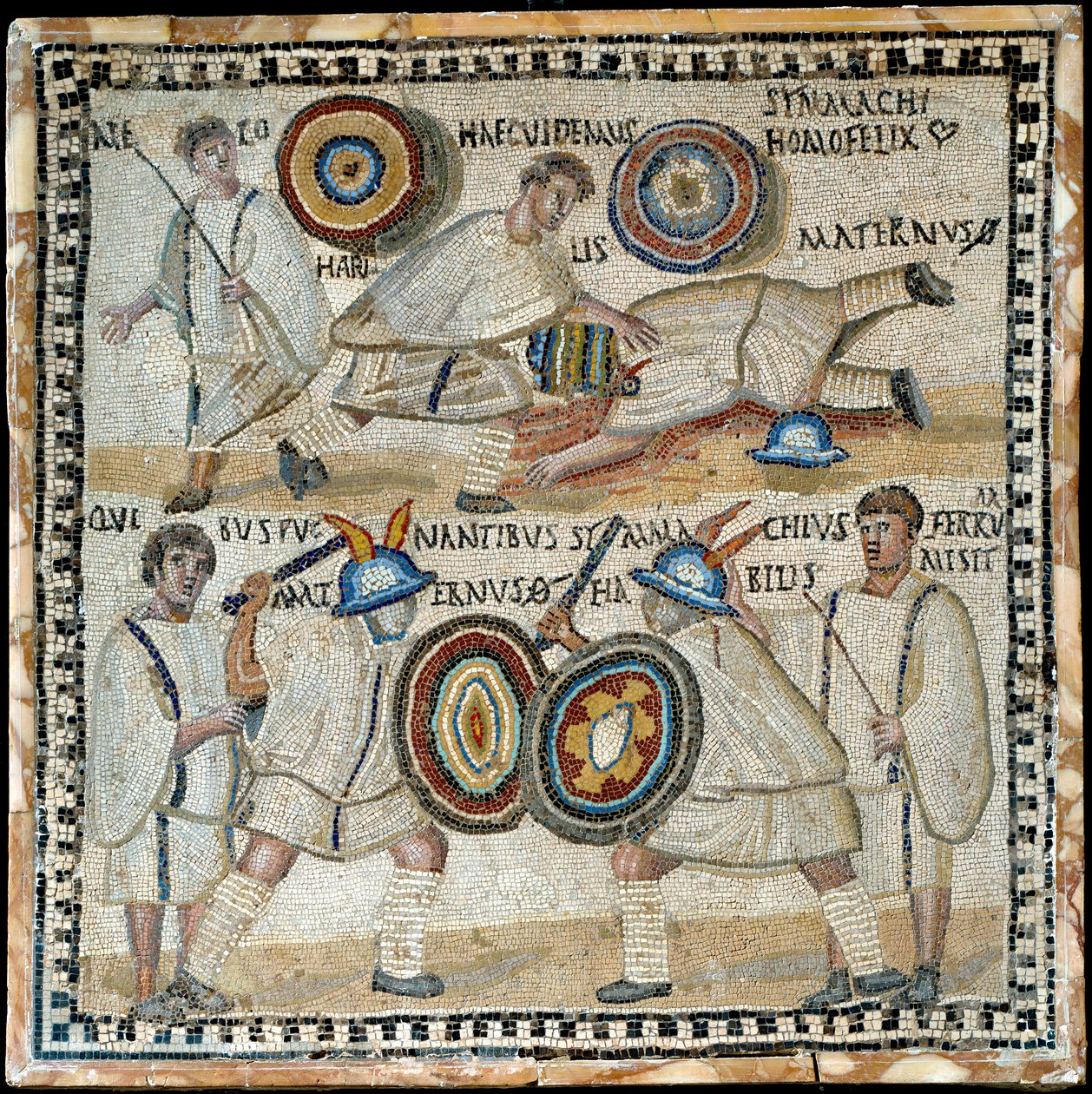 Mosaico che raffigura la lotta tra due equites chiamati Simmachius e Maternus, romano, III secolo d.C. da Roman
