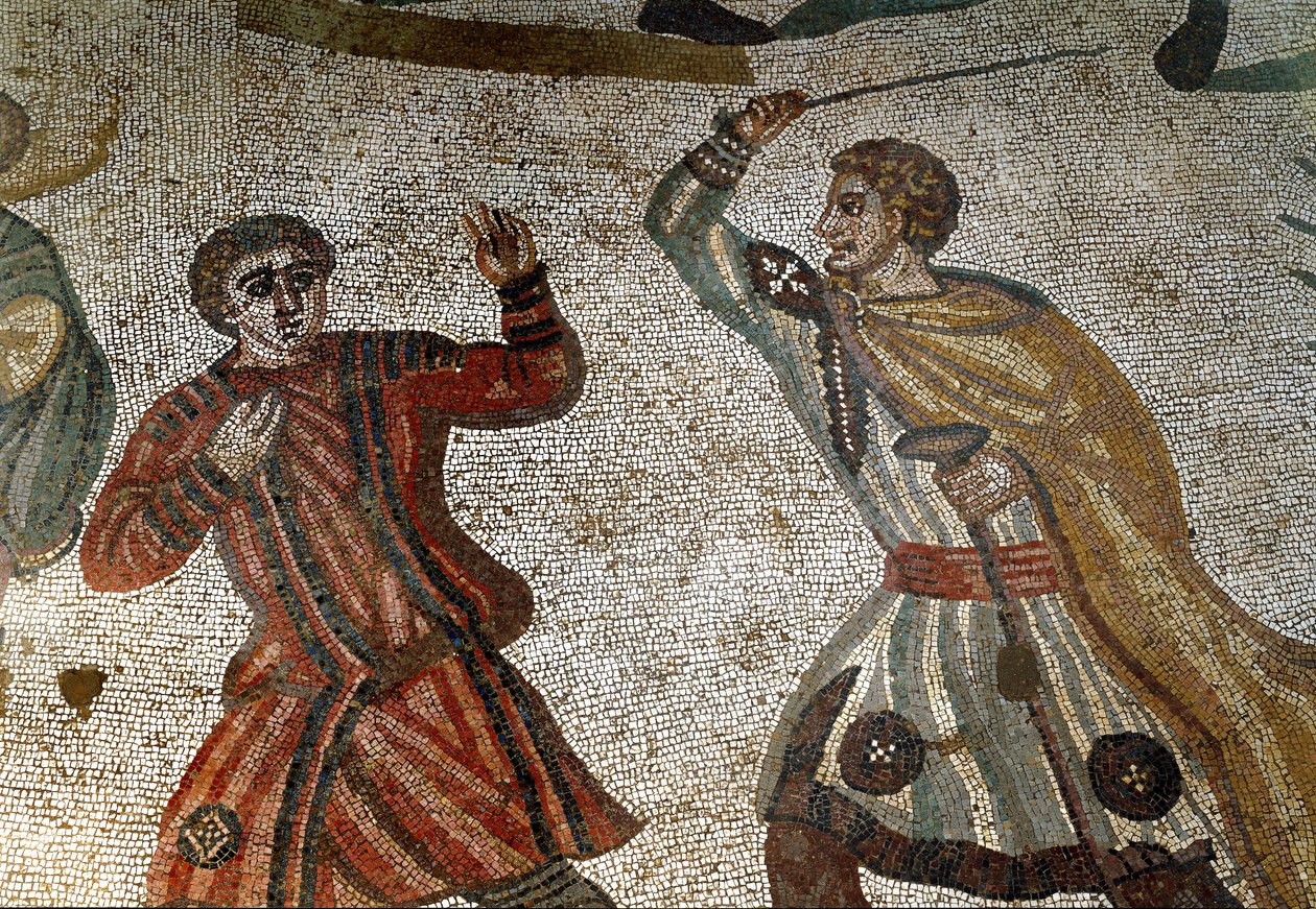 Arte romana: dettaglio del mosaico "La grande caccia" Un aristocratico romano punisce uno dei suoi schiavi con un bastone. 315-350 d.C. Piazza Armerina, Villa Romana del Casale da Roman