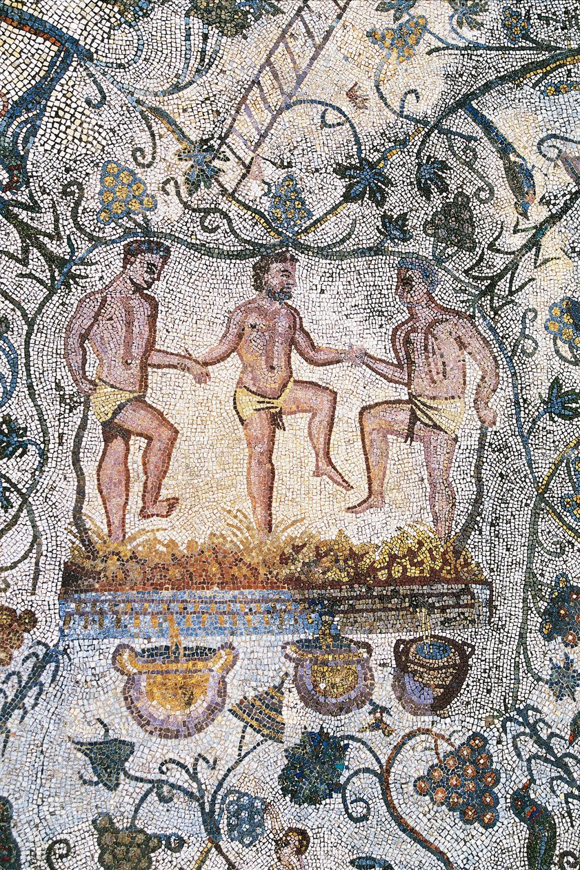 Arte romana: Mosaico della Vendemmia. Dettaglio che rappresenta tre uomini che schiacciano l
