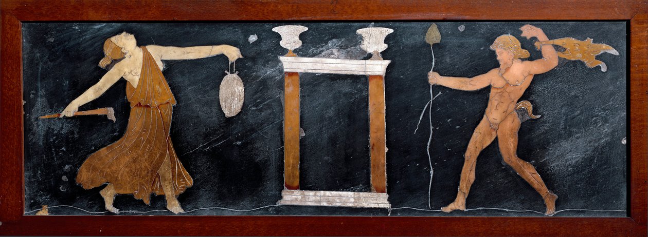 Arte romana: la danza di una menade e un satiro vicino a un piccolo tempio da Roman