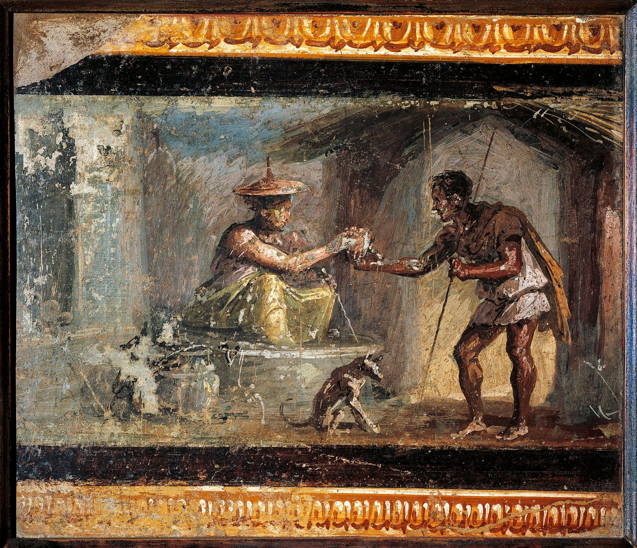 Arte romana: "Il viaggiatore e il mago" Affresco romano dalla villa dei Dioscuri a Pompei. 1° secolo d.C. Conservato al Museo Archeologico Nazionale di Napoli. da Roman