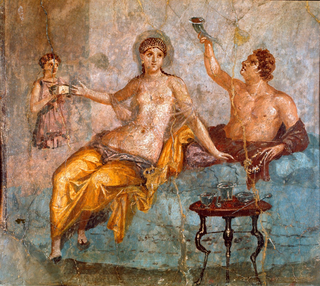 Arte romana: scena di banchetto, un giovane e una cortigiana. Affresco romano del IV stile pompeiano dal sito di Ercolano 60-80 d.C. Dim 65x66 cm da Roman