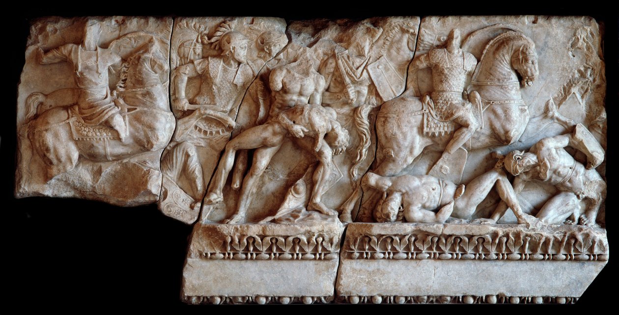 Arte romana: frammento di sarcofago in marmo rappresentante una scena di battaglia tra Galli e Romani, 20 d.C. Dim 87x173 cm Mantova, Palazzo Ducale, Coll da Roman