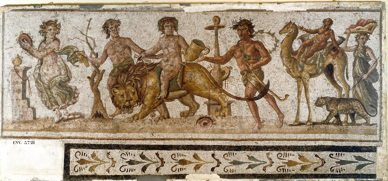 Antichità romana: "Processione dionisiaca" Sileno cavalca un cammello, una menade suona uno strumento. Mosaico da El Jem (Thysdrus). III secolo d.C. El Djem (Thysdrus), museo archeologico da Roman