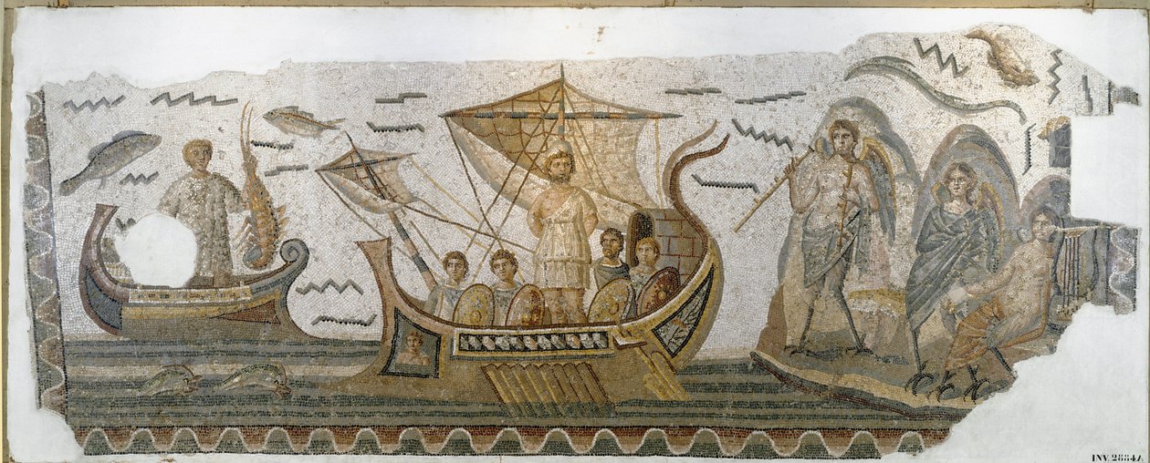 Antichità romana: Ulisse sulla sua barca resiste al canto delle Sirene (Odissea di Omero). Mosaico. 250-270 d.C. Tunisi, Museo nazionale del Bardo da Roman