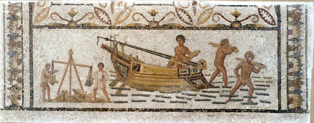 Antichità romana: scarico di un carico di legna da una nave e pesatura del piombo (mosaico proveniente da Sousse in Tunisia) da Roman