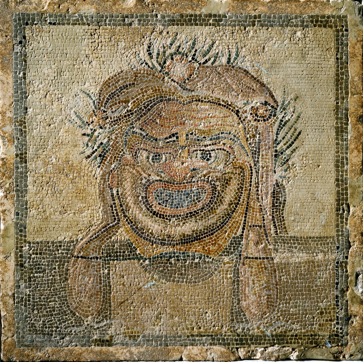 Arte romana: maschera teatrale romana. Mosaico da Ampurias (Empurias). II secolo d.C. Spagna, Museo di Ampurias da Roman