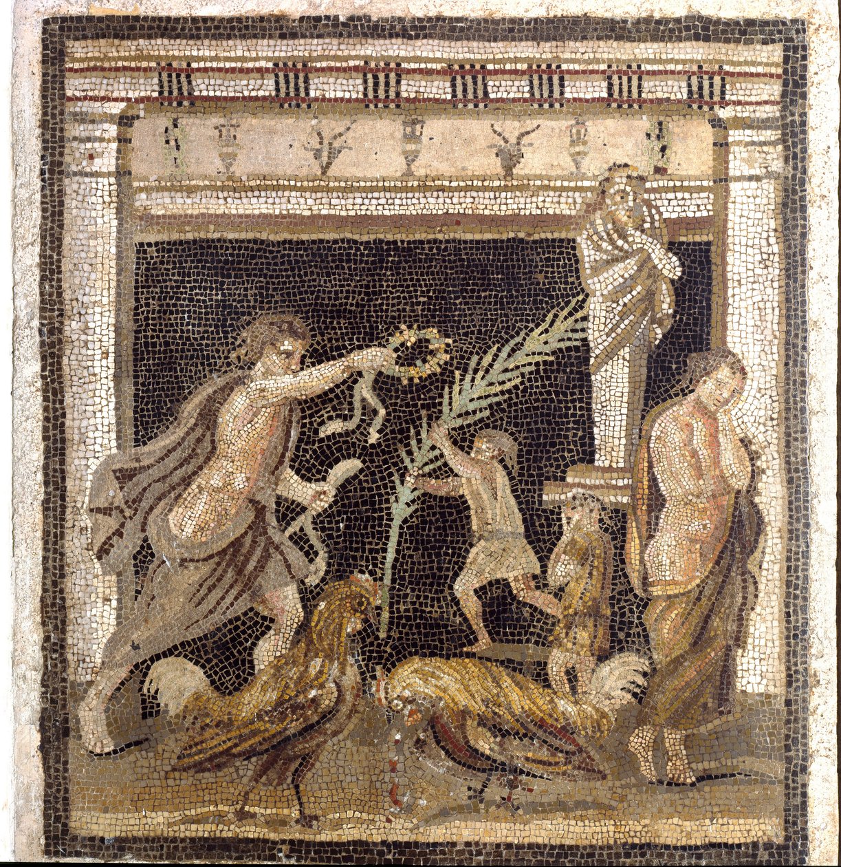 Arte romana: combattimento di galli in una palestra alla presenza delle personificazioni di Sconfitta e Vittoria da Roman