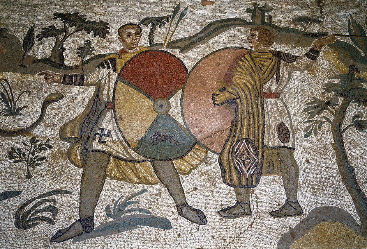 Arte romana: dettaglio del mosaico "La grande caccia" Cacciatori con grandi scudi. 315-350 d.C. Piazza Armerina, Villa Romana del Casale da Roman