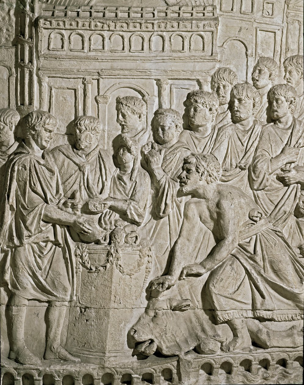 Arte romana: bassorilievo che rappresenta cittadini Sarmati che pagano tributo ai Romani. Dai rilievi della colonna di Marco Aurelio. II secolo d.C. Roma, Museo della Civiltà Romana da Roman