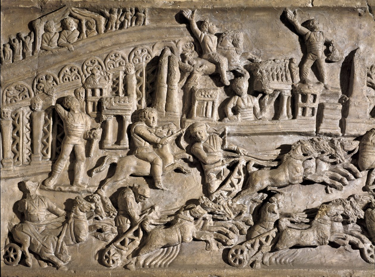 Arte romana: bassorilievo che rappresenta le corse dei carri al Circo Massimo a Roma. II secolo d.C. Roma, Museo della Civiltà Romana da Roman