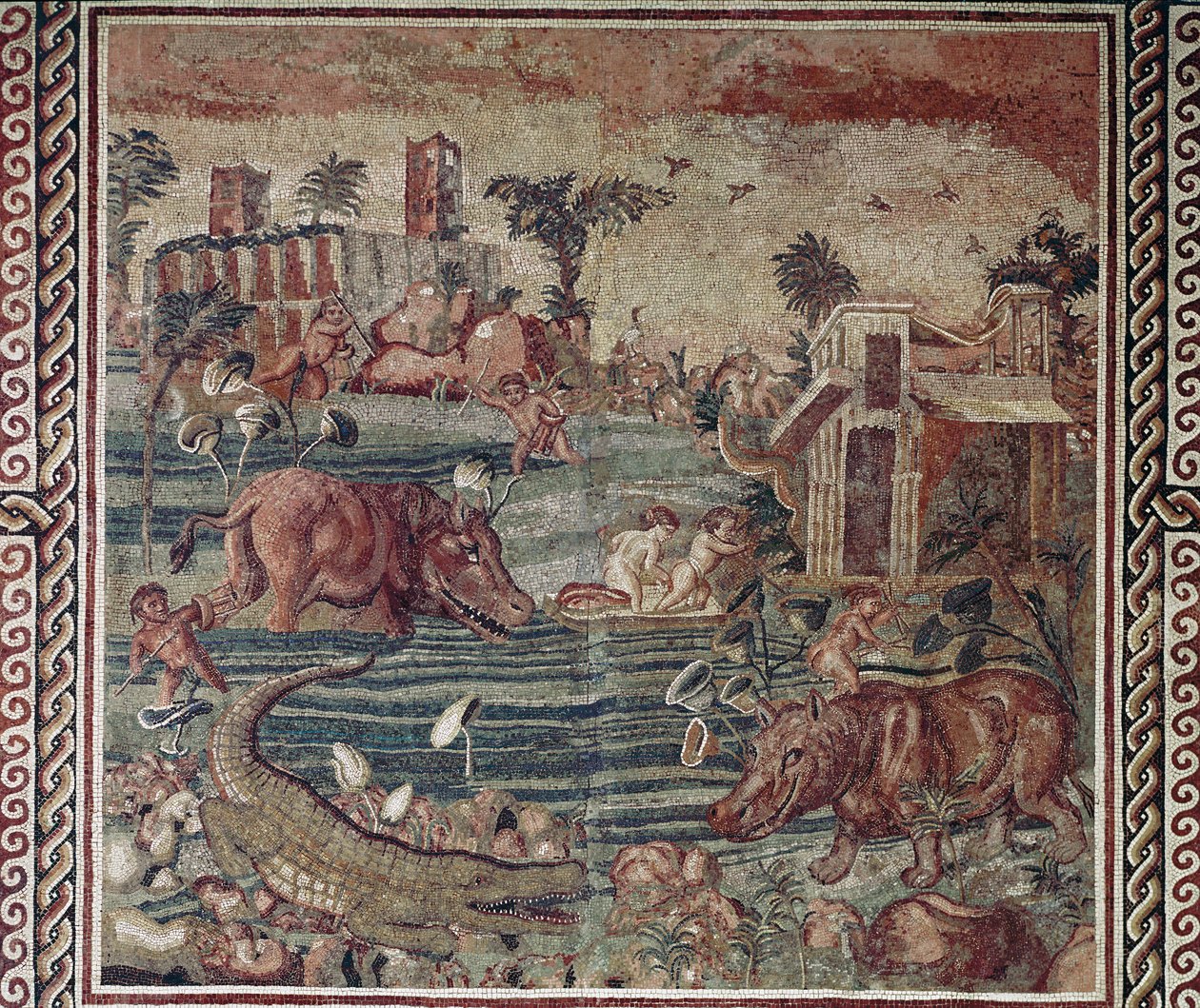 Arte romana: mosaico paesaggio del Nilo da una villa sul colle Aventino, Roma 1°-2° secolo. Roma, Museo Nazionale Romano in Palazzo Massimo, Inv 171 da Roman