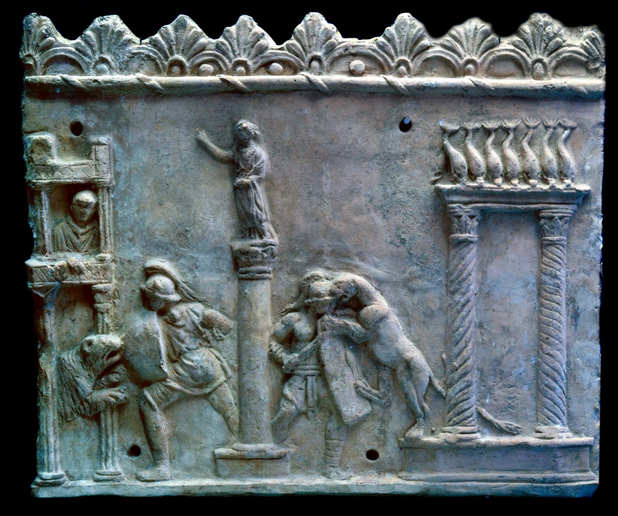 Arte romana: scena di combattimento di gladiatori contro bestie o venatio. I secolo a.C. Ginevra, Museo di Arte e Storia da Roman