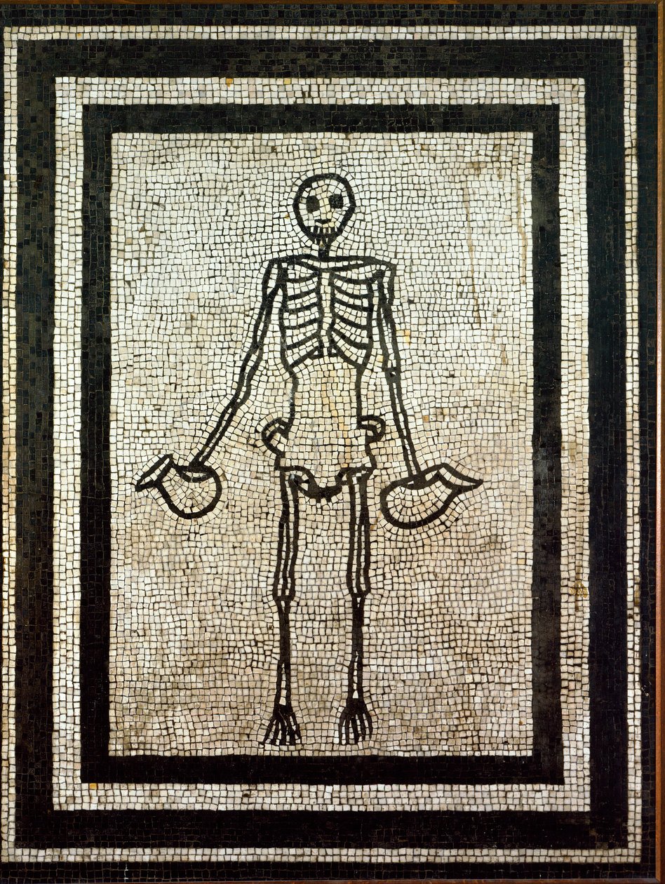 Arte romana: scheletro che tiene due brocche. Mosaico del I secolo. Napoli, Museo Archeologico Nazionale da Roman